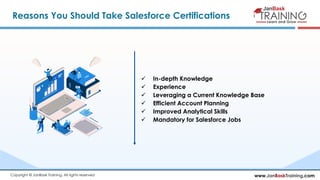 www.JanBaskTraining.comCopyright © JanBask Training. All rights reserved
Reasons You Should Take Salesforce Certifications
 In-depth Knowledge
 Experience
 Leveraging a Current Knowledge Base
 Efficient Account Planning
 Improved Analytical Skills
 Mandatory for Salesforce Jobs
 