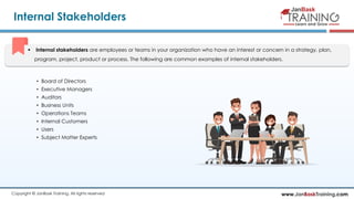 www.JanBaskTraining.comCopyright © JanBask Training. All rights reserved
Internal Stakeholders
• Board of Directors
• Executive Managers
• Auditors
• Business Units
• Operations Teams
• Internal Customers
• Users
• Subject Matter Experts
 Internal stakeholders are employees or teams in your organization who have an interest or concern in a strategy, plan,
program, project, product or process. The following are common examples of internal stakeholders.
 