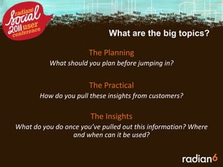 What are the big topics?The Planning What should you plan before jumping in?The Practical How do you pull these insights from customers?The InsightsWhat do you do once you’ve pulled out this information? Where and when can it be used?
