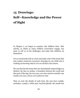 15 Drawings:
Self—Knowledge and the Power
of Sight




In Chapter 2, we began to examine why children draw. This
activity, in which so many children everywhere engage, has
more to tell us of the challenges and tasks that children set
themselves.

Let us consciously look at a face and make a list of the items that
may require numerous successive drawings by one child who is
working on knowing what it is to see all that a face shows.

We can first list the items that one immediately acknowledges as
distinct: the face as surface, a boundary between the world and
that part of the bag; the two eyes; one nose and two nostrils; one
mouth; two ears; a brow; two eyebrows; hair.

Then we note the details of each item: the eyes have eyelids,
eyelashes, a pupil, a white part, lacrimal glands; the mouth has


                               161
 