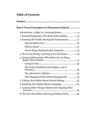 Table of Contents

Preface ........................................................................ 1

Part I: From Conception to Elementary School............ 7

    Introduction: A Baby is a Learning System ........................... 9
    1 Prenatal Preparation: The Work of the Embryo ...............13
    2 Entering The World: Meeting the Environment...............21
           Why do Babies Cry?...................................................... 25
           What is Sleep? ...............................................................27
           Serene Sleep, Smiling Health, Emotions ..................... 29
    3 Processing Energy: Learning to Use the Senses .............. 33
    4 Temporal Hierarchies: Why Babies do one Thing
      Rather Than Another........................................................41
           Living in Time .............................................................. 45
           The Tools of Synthesis and Analysis, and of
           Intuition........................................................................ 48
           The Adventures of Babies............................................. 50
           The Changing World and the Changing Self ............... 53
    5 Talking: How Babies Master Sound Making.....................57
    6 Speaking: How Babies Master Language ......................... 69
    7 Learning Other Things: Children Investigating Their
       Universe ........................................................................... 85
    8 The Love that Babies and Young Children Need ............. 99
 