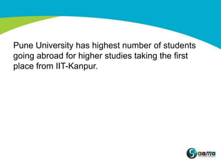 Pune University has highest number of students
going abroad for higher studies taking the first
place from IIT-Kanpur.
 