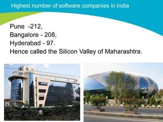 Highest number of software companies in India


Pune -212,
Bangalore - 208,
Hyderabad - 97.
Hence called the Silicon Valley of Maharashtra.
 