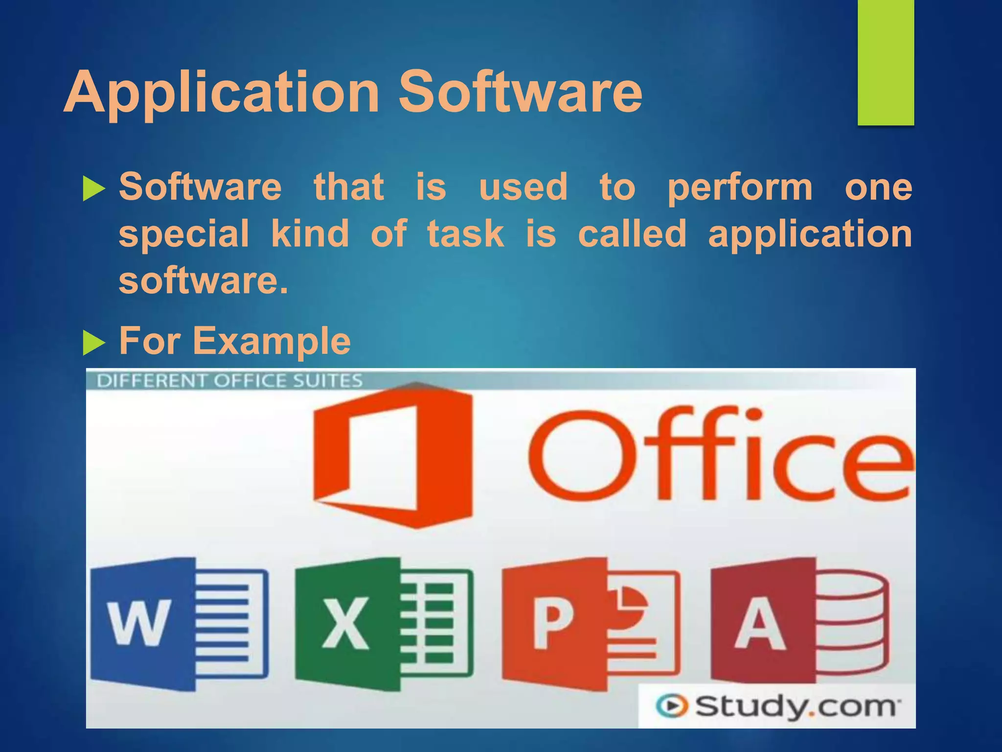 Application Software
Software that is used to perform one
special kind of task is called application
software.
For Example