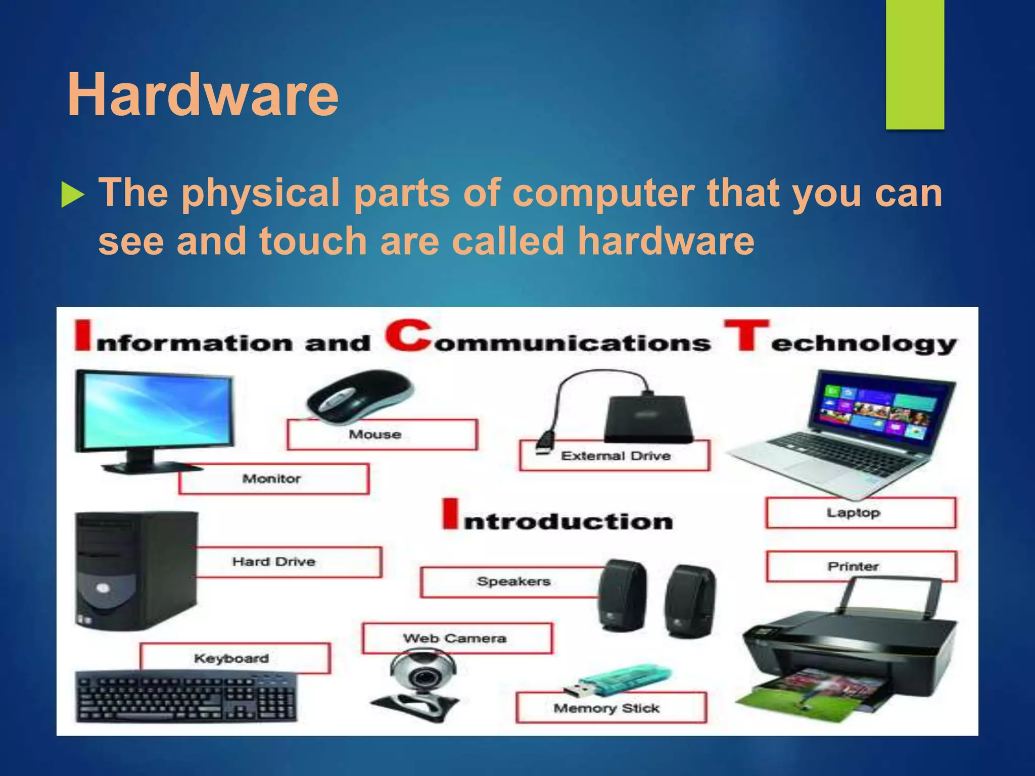 Hardware
The physical parts of computer that you can
see and touch are called hardware