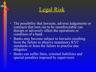Legal Risk The possibility that lawsuits, adverse judgements or contracts that turn out to be unenforceable can disrupt or adversely affect the operations or condition of a bank Banks may become subject to lawsuits resulting from the failure to observe mandatory KYC standards or from the failure to practise due diligence Banks can suffer fines, criminal liabilities and special penalties imposed by supervisors 