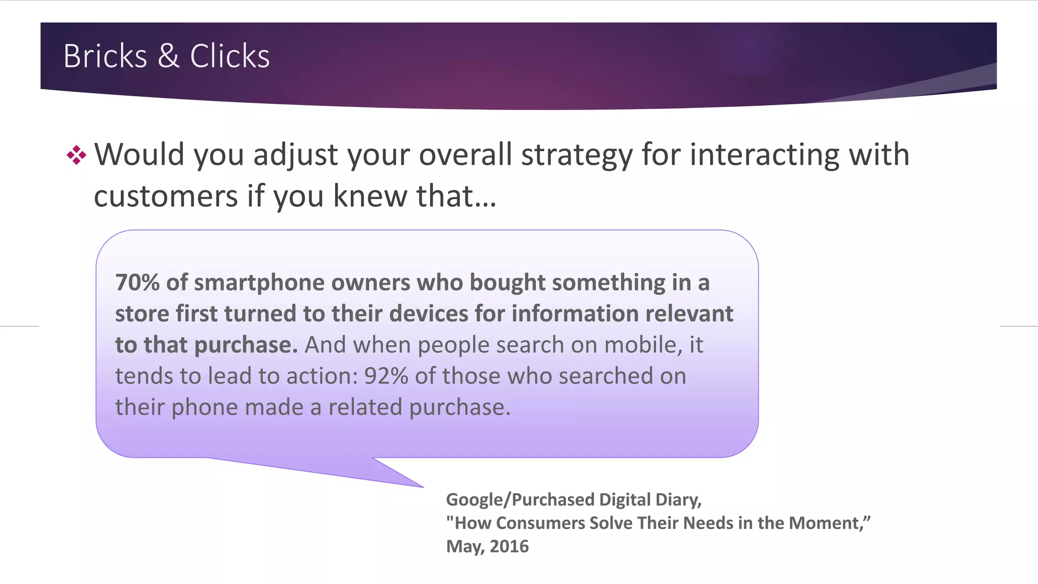 Bricks & Clicks
 Would you adjust your overall strategy for interacting with
customers if you knew that…
70% of smartphone owners who bought something in a
store first turned to their devices for information relevant
to that purchase. And when people search on mobile, it
tends to lead to action: 92% of those who searched on
their phone made a related purchase.
Google/Purchased Digital Diary,
"How Consumers Solve Their Needs in the Moment,”
May, 2016
 