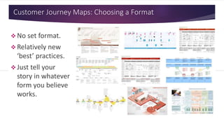 Customer Journey Maps: Choosing a Format
 No set format.
 Relatively new
‘best’ practices.
 Just tell your
story in whatever
form you believe
works.
 