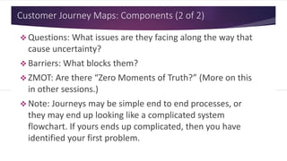 Customer Journey Maps: Components (2 of 2)
 Questions: What issues are they facing along the way that
cause uncertainty?
 Barriers: What blocks them?
 ZMOT: Are there “Zero Moments of Truth?” (More on this
in other sessions.)
 Note: Journeys may be simple end to end processes, or
they may end up looking like a complicated system
flowchart. If yours ends up complicated, then you have
identified your first problem.
 
