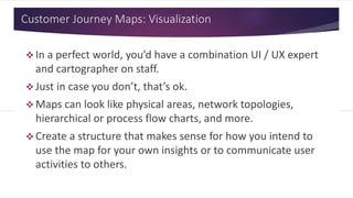 Customer Journey Maps: Visualization
 In a perfect world, you’d have a combination UI / UX expert
and cartographer on staff.
 Just in case you don’t, that’s ok.
 Maps can look like physical areas, network topologies,
hierarchical or process flow charts, and more.
 Create a structure that makes sense for how you intend to
use the map for your own insights or to communicate user
activities to others.
 
