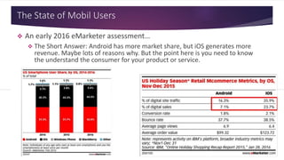 The State of Mobil Users
 An early 2016 eMarketer assessment…
 The Short Answer: Android has more market share, but iOS generates more
revenue. Maybe lots of reasons why. But the point here is you need to know
the understand the consumer for your product or service.
 