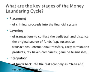 Placement of criminal proceeds into the financial system Layering of transactions to confuse the audit trail and distance the original source of funds (e.g. successive transactions, international transfers, early termination products, tax haven companies, genuine businesses). Integration of funds back into the real economy as “clean and respectable  money” 