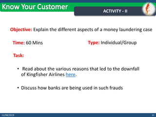ACTIVITY - II
1111/08/2019
Task:
• Read about the various reasons that led to the downfall
of Kingfisher Airlines here.
• Discuss how banks are being used in such frauds
Objective: Explain the different aspects of a money laundering case
Time: 60 Mins Type: Individual/Group
 