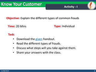 811/08/2019
Activity - I
Task:
• Download the given handout.
• Read the different types of frauds.
• Discuss what steps will you take against them.
• Share your answers with the class.
Objective: Explain the different types of common frauds
Time: 20 Mins Type: Individual
 