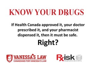 If Health Canada approved it, your doctor
prescribed it, and your pharmacist
dispensed it, then it must be safe.
Right?
 