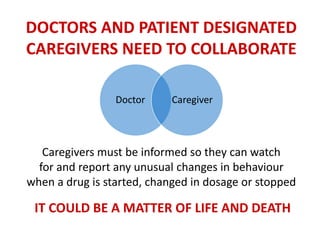 DOCTORS AND PATIENT DESIGNATED
CAREGIVERS NEED TO COLLABORATE
Caregivers must be informed so they can watch
for and report any unusual changes in behaviour
when a drug is started, changed in dosage or stopped
IT COULD BE A MATTER OF LIFE AND DEATH
Doctor Caregiver
 