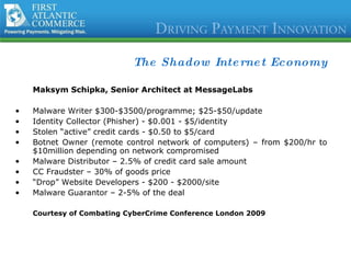 The Shadow Internet Economy Maksym Schipka, Senior Architect at MessageLabs Malware Writer $300-$3500/programme; $25-$50/update Identity Collector (Phisher) - $0.001 - $5/identity Stolen “active” credit cards - $0.50 to $5/card Botnet Owner (remote control network of computers) – from $200/hr to $10million depending on network compromised Malware Distributor – 2.5% of credit card sale amount CC Fraudster – 30% of goods price “ Drop” Website Developers - $200 - $2000/site Malware Guarantor – 2-5% of the deal Courtesy of Combating CyberCrime Conference London 2009  
