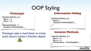 OOP Styling
         Prototype                            Information-Hiding
function Point(x, y) {
  this.x = x;         ...