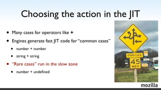 Choosing the action in the JIT
•   Many cases for operators like +

•   Engines generate fast JIT code for “common cases”
...