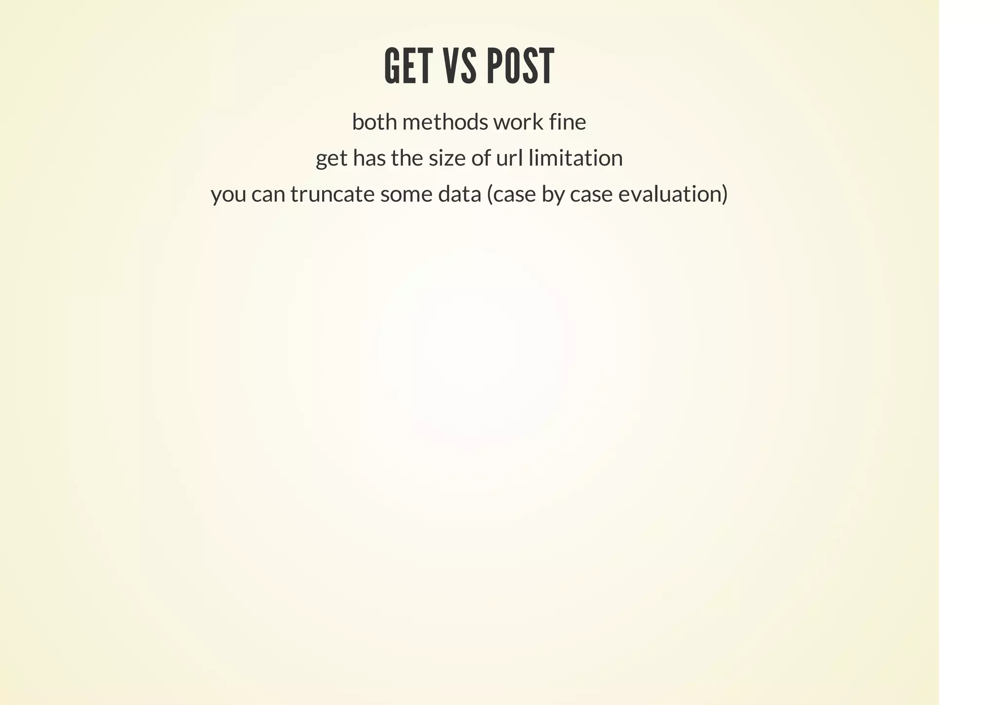 GET VS POST
both methods work fine
get has the size of url limitation
you can truncate some data (case by case evaluation)
 