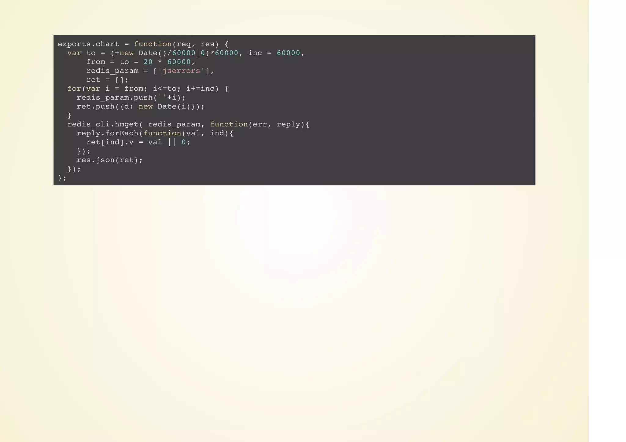 exports.chart = function(req, res) {
var to = (+new Date()/60000|0)*60000, inc = 60000,
from = to - 20 * 60000,
redis_param = ['jserrors'],
ret = [];
for(var i = from; i<=to; i+=inc) {
redis_param.push(''+i);
ret.push({d: new Date(i)});
}
redis_cli.hmget( redis_param, function(err, reply){
reply.forEach(function(val, ind){
ret[ind].v = val || 0;
});
res.json(ret);
});
};
 