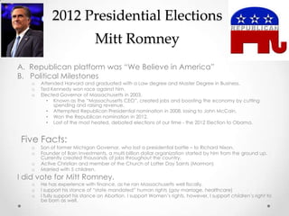 A. Republican platform was “We Believe in America”
B. Political Milestones
o Attended Harvard and graduated with a Law degree and Master Degree in Business.
o Ted Kennedy won race against him.
o Elected Governor of Massachusetts in 2003.
• Known as the “Massachusetts CEO”, created jobs and boosting the economy by cutting
spending and raising revenue.
• Attempted Republican Presidential nomination in 2008, losing to John McCain.
• Won the Republican nomination in 2012.
• Lost of the most heated, debated elections of our time - the 2012 Election to Obama.
Five Facts:
o Son of former Michigan Governor, who lost a presidential battle – to Richard Nixon.
o Founder of Bain Investments, a multi billion dollar organization started by him from the ground up.
Currently created thousands of jobs throughout the country.
o Active Christian and member of the Church of Latter Day Saints (Mormon)
o Married with 5 children.
I did vote for Mitt Romney.
o He has experience with finance, as he ran Massachusetts well fiscally.
o I support his stance of “state mandated” human rights (gay marriage, healthcare)
o I fully support his stance on Abortion. I support Women’s rights, however, I support children’s right to
be born as well.
2012 Presidential Elections
Mitt Romney
 