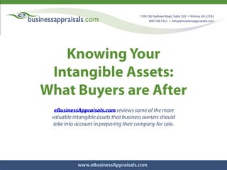 Knowing Your  Intangible Assets: What Buyers are After  eBusinessAppraisals.com reviews some of the more valuable intangible assets that business owners should take into account in preparing their company for sale. 