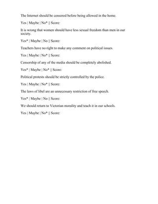 The Internet should be censored before being allowed in the home.
Yes | Maybe | No* || Score:
It is wrong that women should have less sexual freedom than men in our
society.
Yes* | Maybe | No || Score:
Teachers have no right to make any comment on political issues.
Yes | Maybe | No* || Score:
Censorship of any of the media should be completely abolished.
Yes* | Maybe | No* || Score:
Political protests should be strictly controlled by the police.
Yes | Maybe | No* || Score:
The laws of libel are an unnecessary restriction of free speech.
Yes* | Maybe | No || Score:
We should return to Victorian morality and teach it in our schools.
Yes | Maybe | No* || Score:
 