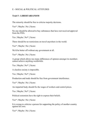 E - SOCIAL & POLITICAL ATTITUDES
Trait 5 - LIBERTARIANISM
The minority should be free to criticise majority decisions.
Yes* | Maybe | No || Score:
No one should be allowed to buy substances that have not received approval
from the FDA.
Yes | Maybe | No* || Score:
There should be no restrictions on travel anywhere in the world.
Yes* | Maybe | No || Score:
We'd be better off without any government at all.
Yes* | Maybe | No || Score:
A group which allows too many differences of opinion amongst its members
cannot achieve anything worthwhile.
Yes | Maybe | No* || Score:
A classless society is impossible.
Yes | Maybe | No* || Score:
Production and trade should be free from government interference.
Yes* | Maybe | No || Score:
An impartial body should fix the wages of workers and control prices.
Yes | Maybe | No* || Score:
Political extremists have the right to express their beliefs.
Yes* | Maybe | No || Score:
It is wrong to criticise a person for supporting the policy of another country
against his own.
Yes* | Maybe | No || Score:
 
