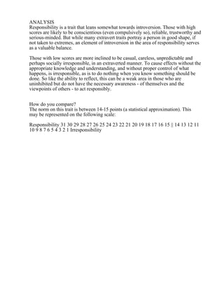 ANALYSIS
Responsibility is a trait that leans somewhat towards introversion. Those with high
scores are likely to be conscientious (even compulsively so), reliable, trustworthy and
serious-minded. But while many extravert traits portray a person in good shape, if
not taken to extremes, an element of introversion in the area of responsibility serves
as a valuable balance.
Those with low scores are more inclined to be casual, careless, unpredictable and
perhaps socially irresponsible, in an extraverted manner. To cause effects without the
appropriate knowledge and understanding, and without proper control of what
happens, is irresponsible, as is to do nothing when you know something should be
done. So like the ability to reflect, this can be a weak area in those who are
uninhibited but do not have the necessary awareness - of themselves and the
viewpoints of others - to act responsibly.
How do you compare?
The norm on this trait is between 14-15 points (a statistical approximation). This
may be represented on the following scale:
Responsibility 31 30 29 28 27 26 25 24 23 22 21 20 19 18 17 16 15 || 14 13 12 11
10 9 8 7 6 5 4 3 2 1 Irresponsibility
 