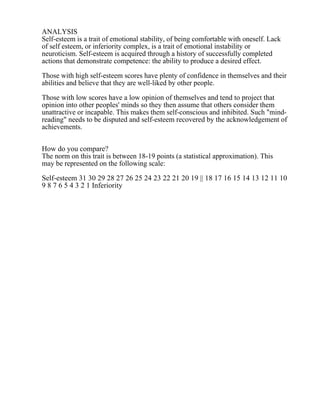 ANALYSIS
Self-esteem is a trait of emotional stability, of being comfortable with oneself. Lack
of self esteem, or inferiority complex, is a trait of emotional instability or
neuroticism. Self-esteem is acquired through a history of successfully completed
actions that demonstrate competence: the ability to produce a desired effect.
Those with high self-esteem scores have plenty of confidence in themselves and their
abilities and believe that they are well-liked by other people.
Those with low scores have a low opinion of themselves and tend to project that
opinion into other peoples' minds so they then assume that others consider them
unattractive or incapable. This makes them self-conscious and inhibited. Such "mind-
reading" needs to be disputed and self-esteem recovered by the acknowledgement of
achievements.
How do you compare?
The norm on this trait is between 18-19 points (a statistical approximation). This
may be represented on the following scale:
Self-esteem 31 30 29 28 27 26 25 24 23 22 21 20 19 || 18 17 16 15 14 13 12 11 10
9 8 7 6 5 4 3 2 1 Inferiority
 