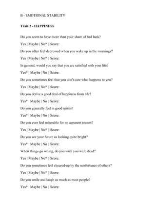 B - EMOTIONAL STABILITY
Trait 2 - HAPPINESS
Do you seem to have more than your share of bad luck?
Yes | Maybe | No* || Score:
Do you often feel depressed when you wake up in the mornings?
Yes | Maybe | No* || Score:
In general, would you say that you are satisfied with your life?
Yes* | Maybe | No || Score:
Do you sometimes feel that you don't care what happens to you?
Yes | Maybe | No* || Score:
Do you derive a good deal of happiness from life?
Yes* | Maybe | No || Score:
Do you generally feel in good spirits?
Yes* | Maybe | No || Score:
Do you ever feel miserable for no apparent reason?
Yes | Maybe | No* || Score:
Do you see your future as looking quite bright?
Yes* | Maybe | No || Score:
When things go wrong, do you wish you were dead?
Yes | Maybe | No* || Score:
Do you sometimes feel cheered-up by the misfortunes of others?
Yes | Maybe | No* || Score:
Do you smile and laugh as much as most people?
Yes* | Maybe | No || Score:
 
