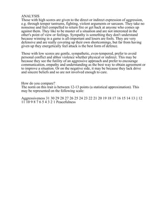 ANALYSIS
Those with high scores are given to the direct or indirect expression of aggression,
e.g. through temper tantrums, fighting, violent arguments or sarcasm. They take no
nonsense and feel compelled to return fire or get back at anyone who comes up
against them. They like to be master of a situation and are not interested in the
other's point of view or feelings. Sympathy is something they don't understand
because winning in a game is all-important and losers are fools. They are very
defensive and are really covering up their own shortcomings, but far from having
given up they energetically feel attack is the best form of defence.
Those with low scores are gentle, sympathetic, even-tempered, prefer to avoid
personal conflict and abhor violence whether physical or indirect. This may be
because they see the futility of an aggressive approach and prefer to encourage
communication, empathy and understanding as the best way to obtain agreement or
to improve a situation. Or on the negative side, it may be because they lack drive
and sincere beliefs and so are not involved enough to care.
How do you compare?
The norm on this trait is between 12-13 points (a statistical approximation). This
may be represented on the following scale:
Aggressiveness 31 30 29 28 27 26 25 24 23 22 21 20 19 18 17 16 15 14 13 || 12
11 10 9 8 7 6 5 4 3 2 1 Peacefulness
 