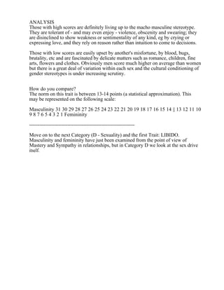 ANALYSIS
Those with high scores are definitely living up to the macho masculine stereotype.
They are tolerant of - and may even enjoy - violence, obscenity and swearing; they
are disinclined to show weakness or sentimentality of any kind, eg by crying or
expressing love, and they rely on reason rather than intuition to come to decisions.
Those with low scores are easily upset by another's misfortune, by blood, bugs,
brutality, etc and are fascinated by delicate matters such as romance, children, fine
arts, flowers and clothes. Obviously men score much higher on average than women
but there is a great deal of variation within each sex and the cultural conditioning of
gender stereotypes is under increasing scrutiny.
How do you compare?
The norm on this trait is between 13-14 points (a statistical approximation). This
may be represented on the following scale:
Masculinity 31 30 29 28 27 26 25 24 23 22 21 20 19 18 17 16 15 14 || 13 12 11 10
9 8 7 6 5 4 3 2 1 Femininity
------------------------------------------------------------------------
Move on to the next Category (D - Sexuality) and the first Trait: LIBIDO.
Masculinity and femininity have just been examined from the point of view of
Mastery and Sympathy in relationships, but in Category D we look at the sex drive
itself.
 