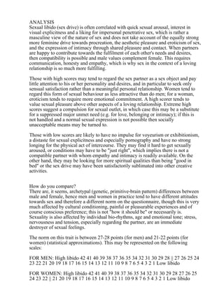 ANALYSIS
Sexual libido (sex drive) is often correlated with quick sexual arousal, interest in
visual explicitness and a liking for impersonal penetrative sex, which is rather a
masculine view of the nature of sex and does not take account of the equally strong
more feminine drive towards procreation, the aesthetic pleasure and eroticism of sex,
and the expression of intimacy through shared pleasure and contact. When partners
are happy to contribute towards the fulfilment of each other's needs and desires,
then compatibility is possible and male values complement female. This requires
communication, honesty and empathy, which is why sex in the context of a loving
relationship is so much more fulfilling.
Those with high scores may tend to regard the sex partner as a sex object and pay
little attention to his or her personality and desires, and in particular to seek only
sensual satisfaction rather than a meaningful personal relationship. Women tend to
regard this form of sexual behaviour as less attractive than do men; for a woman,
eroticism tends to require more emotional commitment. A high scorer tends to
value sexual pleasure above other aspects of a loving relationship. Extreme high
scores suggest a compulsion for sexual outlet, in which case this may be a substitute
for a suppressed major unmet need (e.g. for love, belonging or intimacy); if this is
not handled and a normal sexual expression is not possible then socially
unacceptable means may be turned to.
Those with low scores are likely to have no impulse for voyeurism or exhibitionism,
a distaste for sexual explicitness and especially pornography and have no strong
longing for the physical act of intercourse. They may find it hard to get sexually
aroused, or conditions may have to be "just right", which implies there is not a
compatible partner with whom empathy and intimacy is readily available. On the
other hand, they may be looking for more spiritual qualities than being "good in
bed" or the sex drive may have been satisfactorily sublimated into other creative
activities.
How do you compare?
There are, it seems, archetypal (genetic, primitive-brain pattern) differences between
male and female, hence men and women in practice tend to have different attitudes
towards sex and therefore a different norm on the questionnaire, though this is very
much affected by cultural conditioning, painful or pleasurable experiences and of
course conscious preference; this is not "how it should be" or necessarily is.
Sexuality is also affected by individual bio-rhythms, age and emotional tone; stress,
nervousness and tension, especially regarding the partner, are an immediate
destroyer of sexual feelings.
The norm on this trait is between 27-28 points (for men) and 21-22 points (for
women) (statistical approximations). This may be represented on the following
scales:
FOR MEN: High libido 42 41 40 39 38 37 36 35 34 32 31 30 29 28 || 27 26 25 24
23 22 21 20 19 18 17 16 15 14 13 12 11 10 9 8 7 6 5 4 3 2 1 Low libido
FOR WOMEN: High libido 42 41 40 39 38 37 36 35 34 32 31 30 29 28 27 26 25
24 23 22 || 21 20 19 18 17 16 15 14 13 12 11 10 9 8 7 6 5 4 3 2 1 Low libido
 