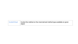 InvokeVirtual Invoke this method on the most derived method type available on given
object
 