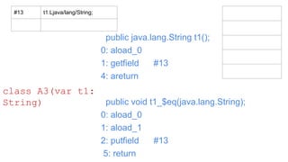 public java.lang.String t1();
0: aload_0
1: getfield #13
4: areturn
public void t1_$eq(java.lang.String);
0: aload_0
1: aload_1
2: putfield #13
5: return
class A3(var t1:
String)
#13 t1:Ljava/lang/String;
 