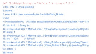 Belief: Use StringBuilder instead of String
concatenation
def f1(thing: String) = "it's a " + thing + "!!!"
0: ldc #12 // String jeronimo
2: astore_1
3: new #14 // class scala/collection/mutable/StringBuilder
6: dup
7: invokespecial #17 // Method scala/collection/mutable/StringBuilder."<init>":()V
10: ldc #19 // String it's
12: invokevirtual #23 // Method sca(..) /StringBuilder.append:(Ljava/lang/Object;)
15: aload_1
16: invokevirtual #23 // Method sca(...)/StringBuilder.append:(Ljava/lang/Object;)
19: ldc #25 // String !!!
21: invokevirtual #23 // Method scal(...)/StringBuilder.append:(Ljava/lang/Object;
24: invokevirtual #29 // Method scala(..)/StringBuilder.toString:()Ljava/lang/String;
27: astore_2
28: return
 