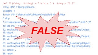 Belief: Use StringBuilder instead of String
concatenation
def f1(thing: String) = "it's a " + thing + "!!!"
0: ldc #12 // String jeronimo
2: astore_1
3: new #14 // class scala/collection/mutable/StringBuilder
6: dup
7: invokespecial #17 // Method scala/collection/mutable/StringBuilder."<init>":()V
10: ldc #19 // String it's
12: invokevirtual #23 // Method sca(..) /StringBuilder.append:(Ljava/lang/Object;)
15: aload_1
16: invokevirtual #23 // Method sca(...)/StringBuilder.append:(Ljava/lang/Object;)
19: ldc #25 // String !!!
21: invokevirtual #23 // Method scal(...)/StringBuilder.append:(Ljava/lang/Object;
24: invokevirtual #29 // Method scala(..)/StringBuilder.toString:()Ljava/lang/String;
27: astore_2
28: return
FALSE
 