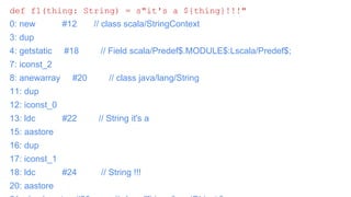 Question: How Scala’s String Interpolation is
implemented?
def f1(thing: String) = s"it's a ${thing}!!!"
0: new #12 // class scala/StringContext
3: dup
4: getstatic #18 // Field scala/Predef$.MODULE$:Lscala/Predef$;
7: iconst_2
8: anewarray #20 // class java/lang/String
11: dup
12: iconst_0
13: ldc #22 // String it's a
15: aastore
16: dup
17: iconst_1
18: ldc #24 // String !!!
20: aastore
 