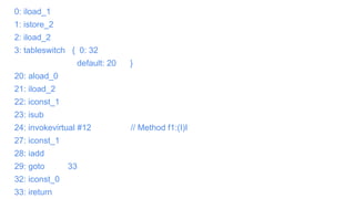 Belief: Scala has tail recursion optimization
0: iload_1
1: istore_2
2: iload_2
3: tableswitch { 0: 32
default: 20 }
20: aload_0
21: iload_2
22: iconst_1
23: isub
24: invokevirtual #12 // Method f1:(I)I
27: iconst_1
28: iadd
29: goto 33
32: iconst_0
33: ireturn
 