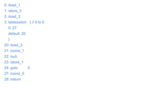 Belief: Scala has tail recursion optimization
0: iload_1
1: istore_3
2: iload_3
3: tableswitch { // 0 to 0
0: 27
default: 20
}
20: iload_3
21: iconst_1
22: isub
23: istore_1
24: goto 0
27: iconst_0
28: ireturn
 