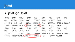 jstat
● jstat -gc <pid>
S0C S1C S0U S1U EC EU OC OU MC
MU CCSC CCSU YGC YGCT FGC FGCT GCT
2112.0 2112.0 0.0 115.4 16896.0 0.0 42368.0 2827.9 7808.0
7366.1 1152.0 1015.1 17667 25.297 0 0.000 25.297
S0C S1C S0U S1U EC EU OC OU MC
MU CCSC CCSU YGC YGCT FGC FGCT GCT
2112.0 2112.0 114.3 0.0 16896.0 2367.5 42368.0 2839.5 7808.0
7374.2 1152.0 1015.1 30246 43.833 0 0.000 43.833
 