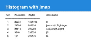 Histogram with jmap
num #instances #bytes class name
----------------------------------------------
1: 26031 4361408 [I
2: 24598 983920 java.math.BigInteger
3: 24518 392288 scala.math.BigInt
4: 3846 333024 [C
5: 124 305176 [B
 