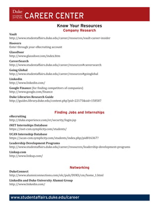 CAREER CENTER
                                  Know Your Resources
                                         Company Research

http://www.studentaffairs.duke.edu/career/resources/vault-career-insider
Vault



Enter through your eRecruiting account
Hoovers



http://www.glassdoor.com/index.htm
GlassDoor



http://www.studentaffairs.duke.edu/career/resources#careersearch
CareerSearch



http://www.studentaffairs.duke.edu/career/resources#goinglobal
Going Global



http://www.linkedin.com/
Linkedin

Google Finance (for finding competitors of companies)
http://www.google.com/finance

http://guides.library.duke.edu/content.php?pid=22175&sid=158587
Duke Libraries Research Guide




                                Finding Jobs and Internships

http://duke.experience.com/er/security/login.jsp
eRecruiting



https://inet-csm.symplicity.com/students/
iNET Internships Database



https://ucan-csm.symplicity.com/students/index.php/pid816367?
UCAN Internship Database



http://www.studentaffairs.duke.edu/career/resources/leadership-development-programs
Leadership Development Programs



http://www.linkup.com/
Linkup.com




                                            Networking

http://www.alumniconnections.com/olc/pub/DUKS/cm/home_1.html
DukeConnect



http://www.linkedin.com/
LinkedIn and Duke University Alumni Group




www.studentaffairs.duke.edu/career
 