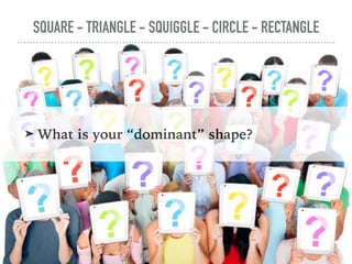 SQUARE - TRIANGLE - SQUIGGLE - CIRCLE - RECTANGLE
➤ What is your “dominant” shape?
 
