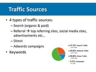 Traffic Sources
• 4 types of traffic sources:
  – Search (organic & paid)
  – Referral  top referring sites, social media sites,
    advertisements etc…
  – Direct
  – Adwords campaigns
• Keywords
 
