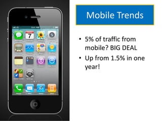 Mobile Trends

• 5% of traffic from
  mobile? BIG DEAL
• Up from 1.5% in one
  year!
 