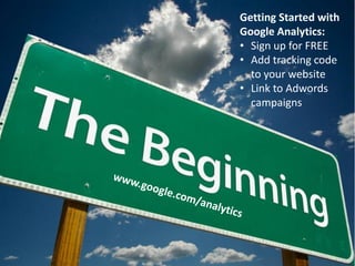 Getting Started with
Google Analytics:
• Sign up for FREE
• Add tracking code
  to your website
• Link to Adwords
  campaigns
 