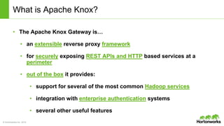 © Hortonworks Inc. 2014
What is Apache Knox?
• The Apache Knox Gateway is…
• an extensible reverse proxy framework
• for securely exposing REST APIs and HTTP based services at a
perimeter
• out of the box it provides:
• support for several of the most common Hadoop services
• integration with enterprise authentication systems
• several other useful features
 